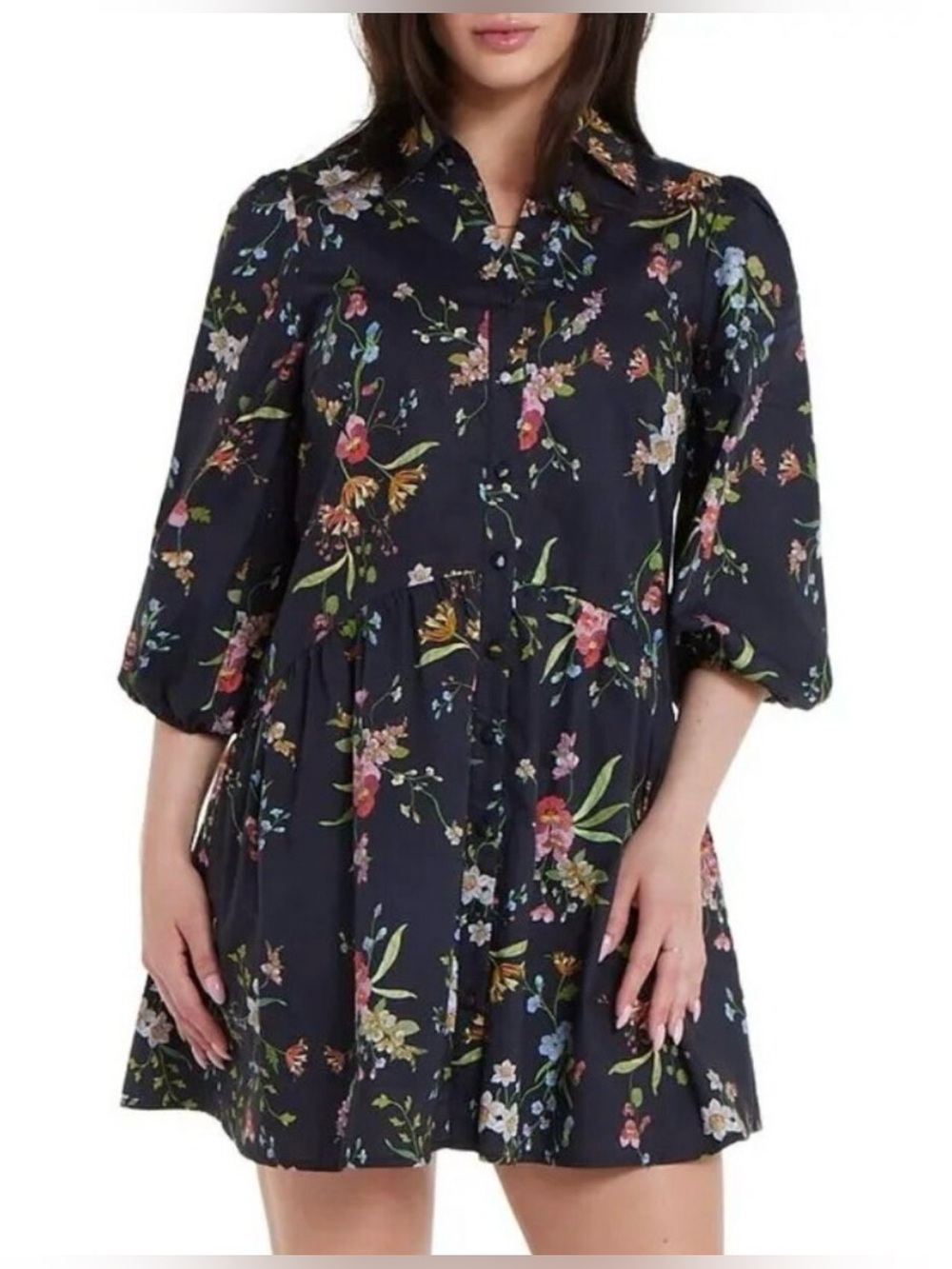NWT Hermoza Black Floral Button-Front Cotton Long Sleeve Dress